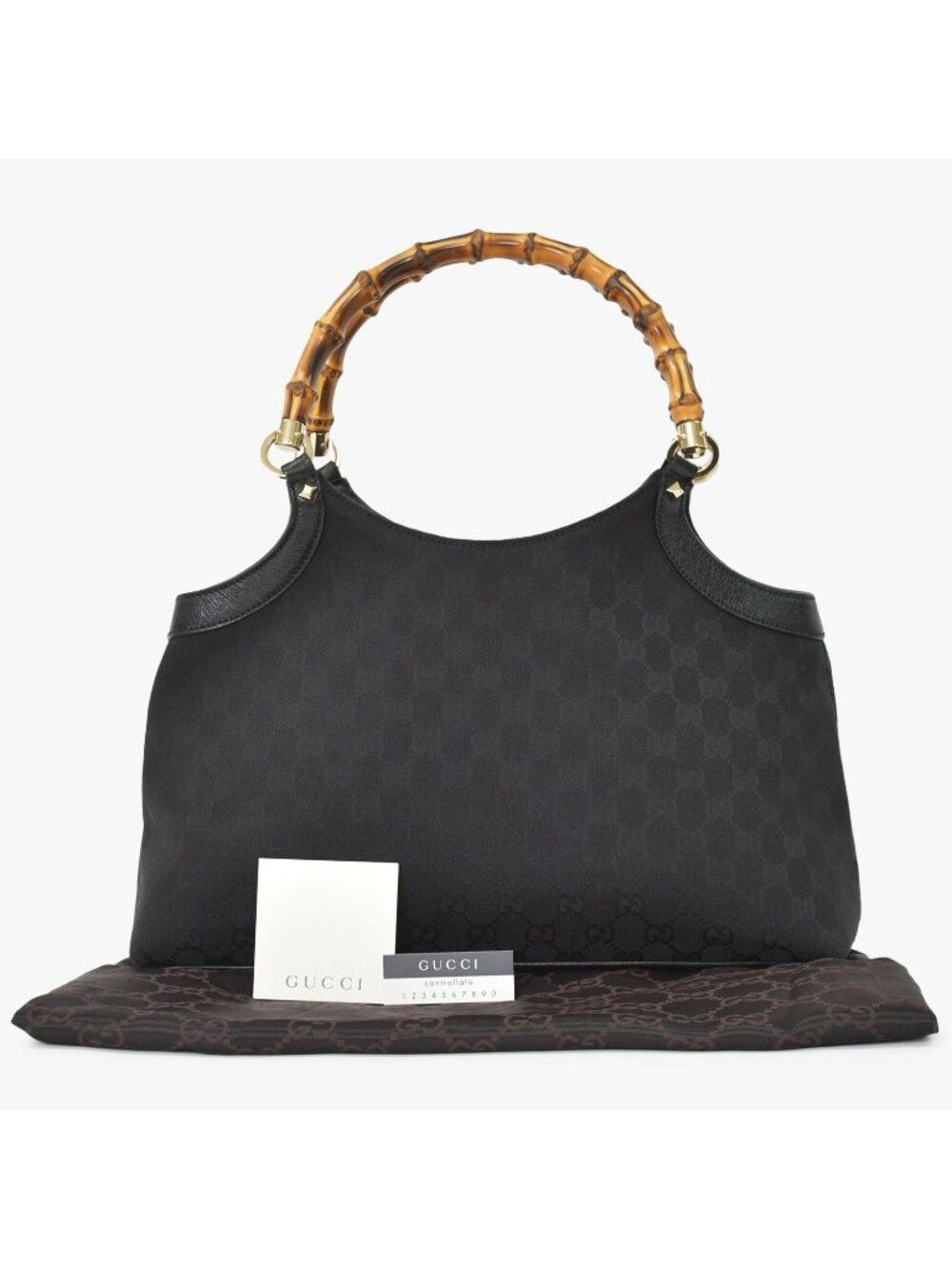 Gucci Bamboo Hand Bag Handbag GG Canvas Black Gold